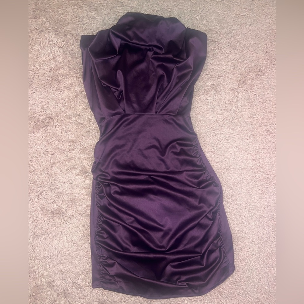 Dark purple satin should pad rushed mini dress.